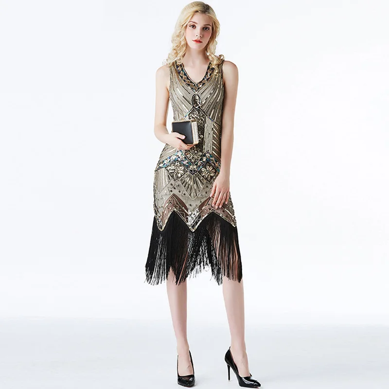 XXXL Size 1920S Vintage Sequin Charleston Dress Great Gatsby Sexy Women Evening Party Shining Bling Tassel Dress