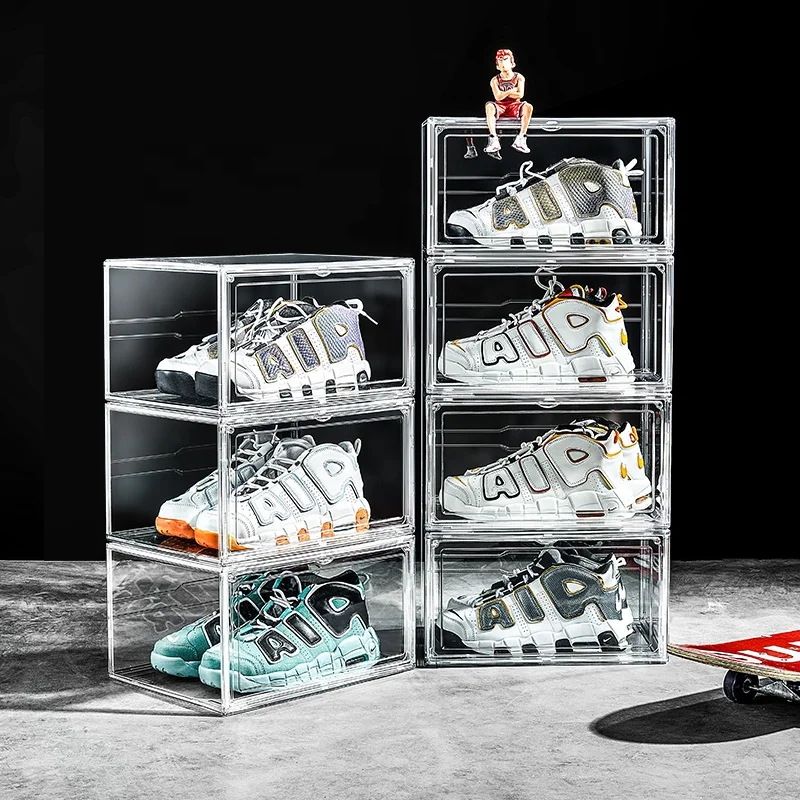 Wholesale Magnetic Transparent Plastic Stackable Organizer Sneaker Clear Side Drop Storage Plastic Shoe Box
