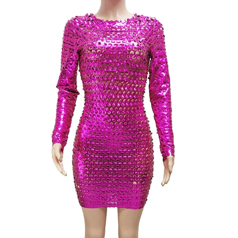 Sexy Long Sleeve Faux Leather Hole Punched Club Dress 2022