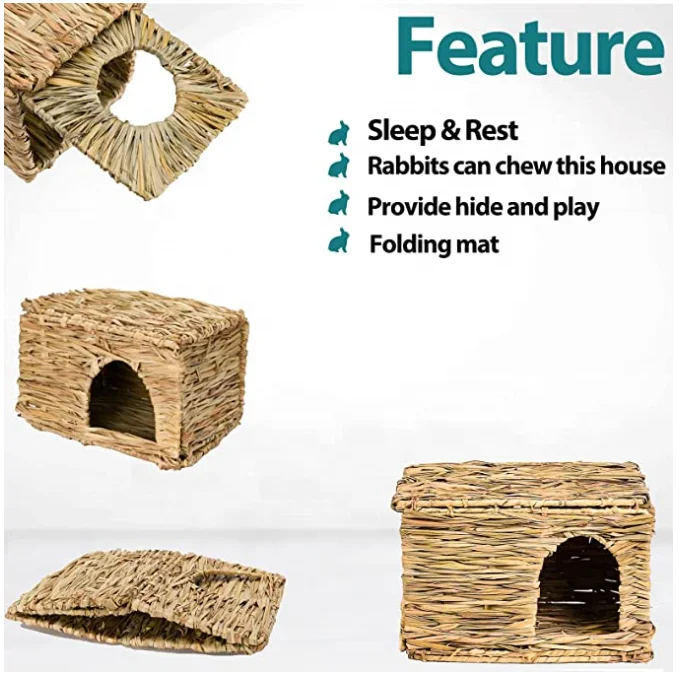 Large Grass House Rabbits Natural Grass Foldable Hut Small Animal Play Hideaway Bed Toys Hay Mat Bunny Guinea Pig Chinchilla