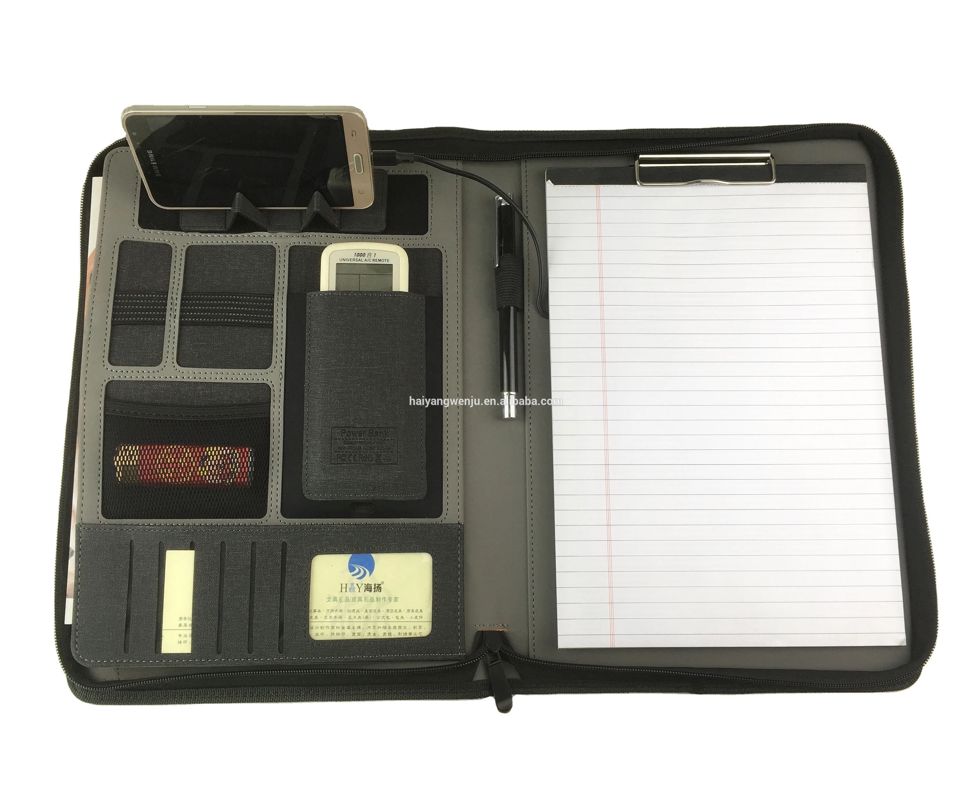 A4 PU leather Wireless Charging hand shank Business Portfolio with powerbank