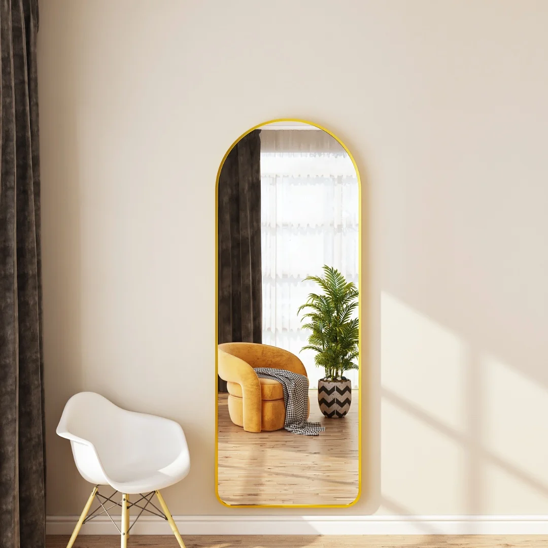 Factory Supply Tempered Glass Large Arched Metal Frame Wall Floor Full Length Dressing Unbreakable Mirror miroir espejo spiegel