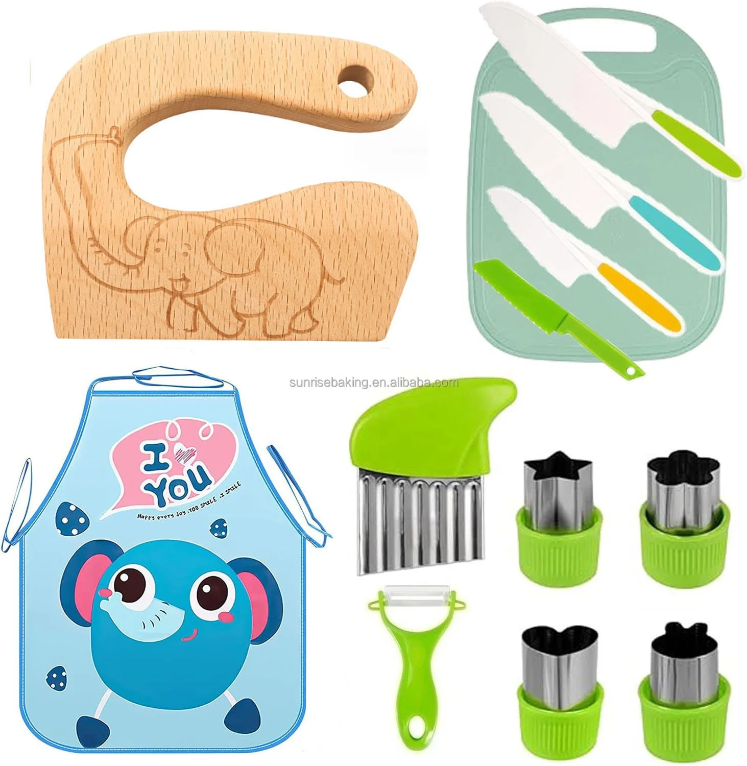 13Pcs Toddler Cutting Set With Chopping Board Kids Safe Wooden Knife Peeler Plastic Potato Slicers And Apron