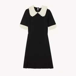 Трикотаж производители пользовательские 2023 лето черного цвета с воротником в кукольном стиле с коротким рукавом свитер трикотажное женское платье миди