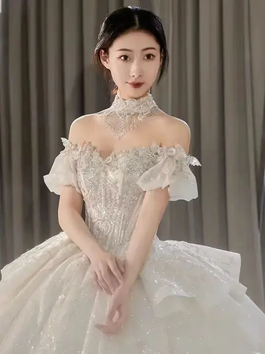 2024 new bride French style trailing off-shoulder starry sky fleeing super fairy princess summer