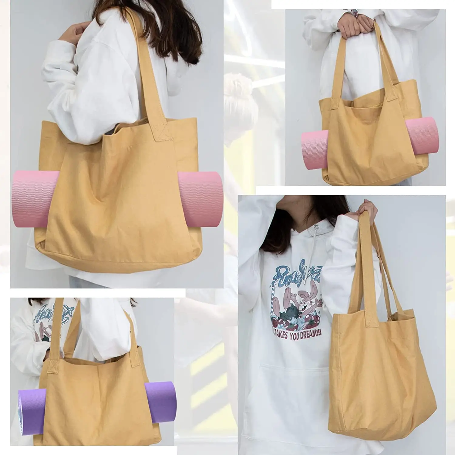 Wholesale Custom Logo Canvas Yoga Matt Bags Basic Tote Bag Eco Handmade Market Bag With Pocket