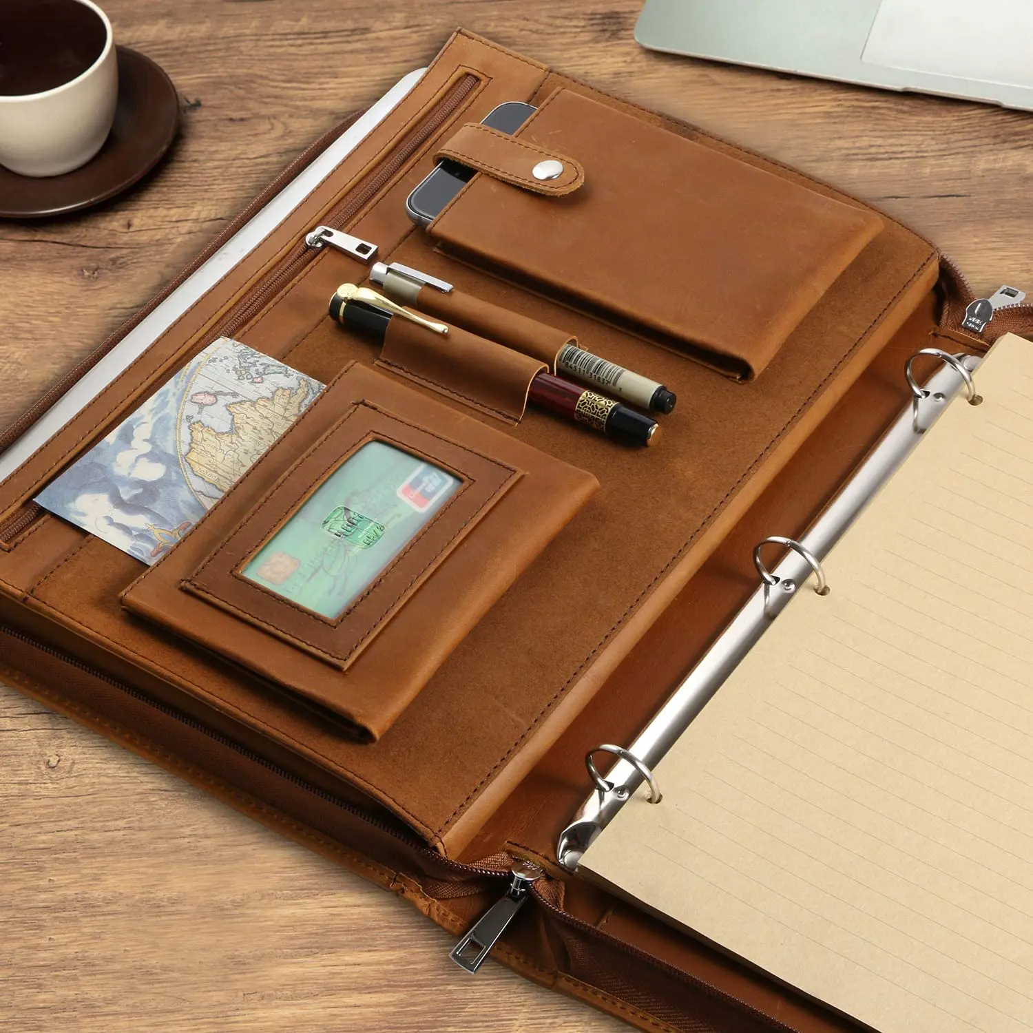 Professional Leather Business Padfolio Portfolio Case, 3 Ring Binder,Zippered Business Document Organizer Tablet Holder Folder C