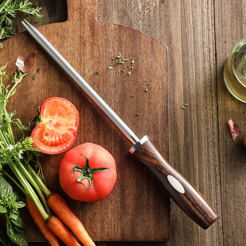 New Arrivals Professional Kitchen Knife Blade Sharpener Honing Steel Diamond Sharpening Rod Desert Ironwood Handle