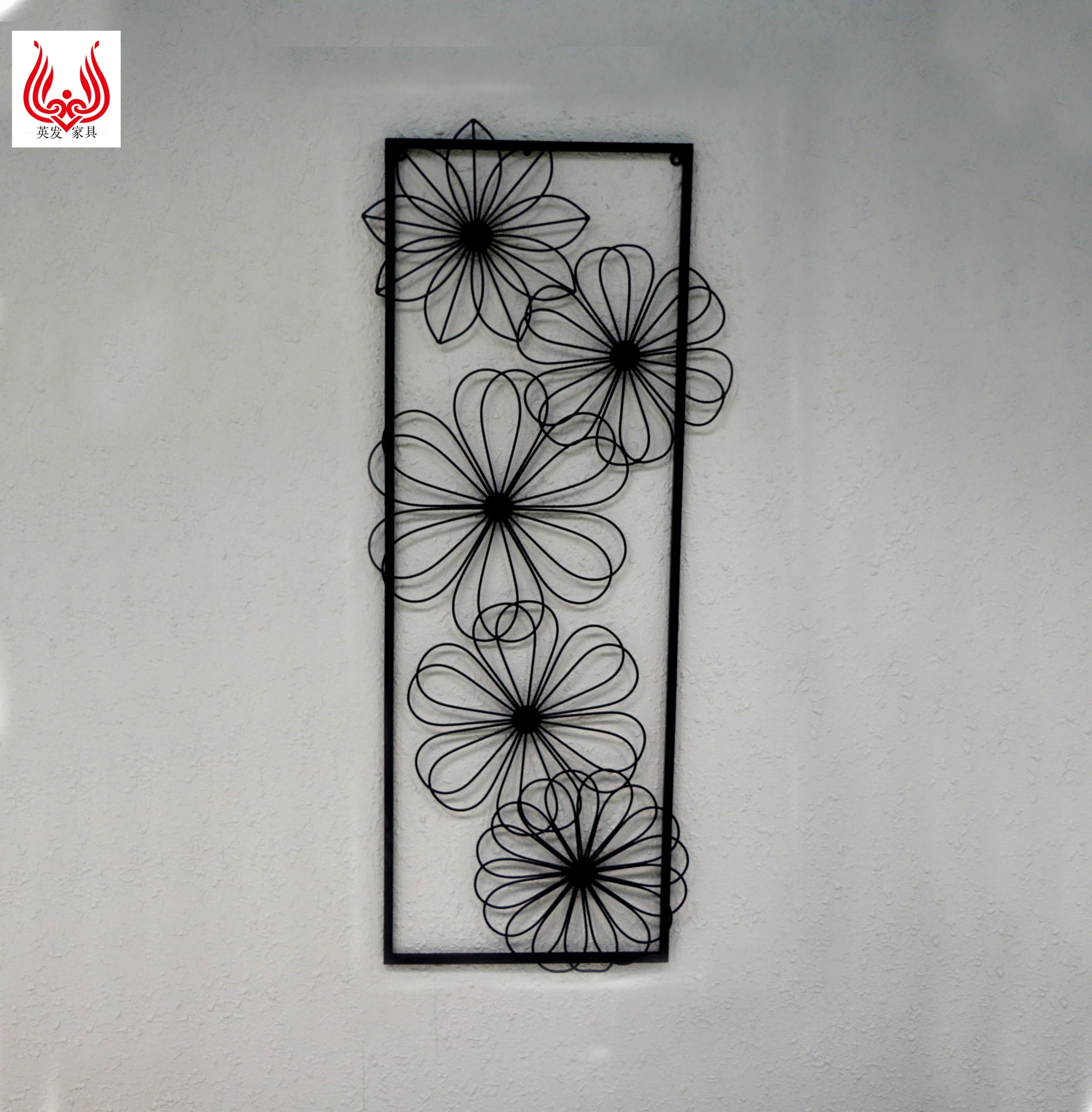 YINFA Customized Amazon Hot Sale Decorative 5 Metal Wire Flower with Frame Design Wall Hanging Wall Art Decor