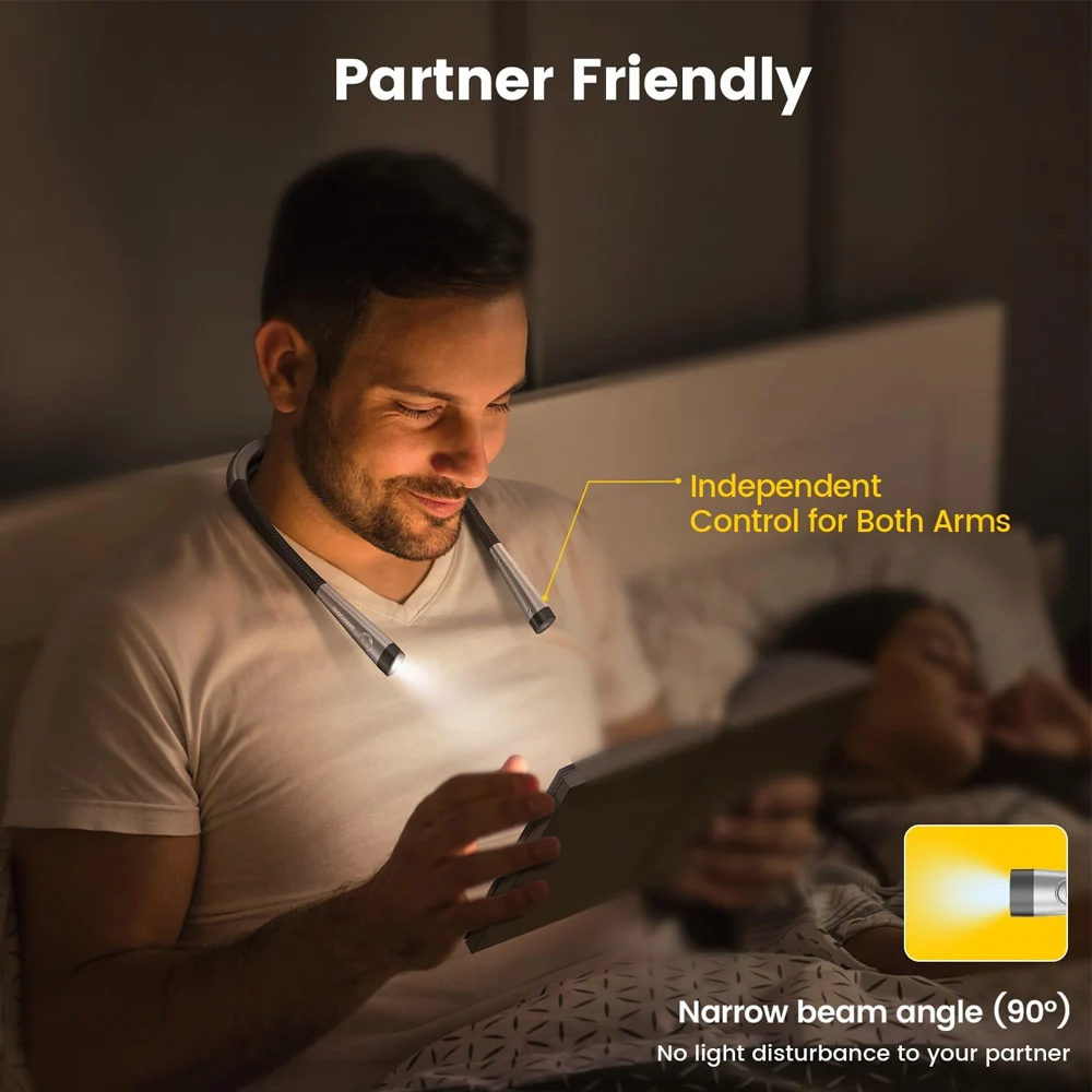 Long Lasting Flexible Arms Rechargeable LED Neck Reading Light Hands Free Brightness Adjustable Book Light for Reading in Bed