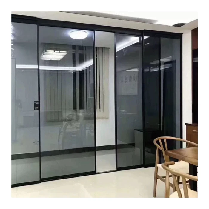 Topwindow Customized Tempered Glass Soft Closing Black Metal Narrow Frame Sliding Door Interior Glass Door For Bedroom