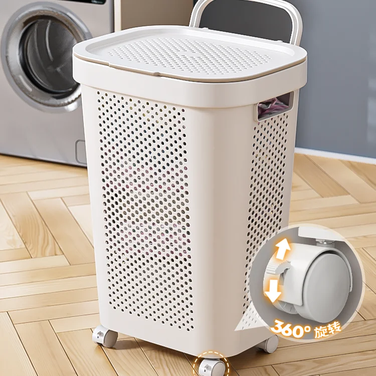 XingYou 2024 New Design Product 60L Slim Laundry Hamper, Clothes Basket, Lid, Wicker Design, Plastic, , White &Grey