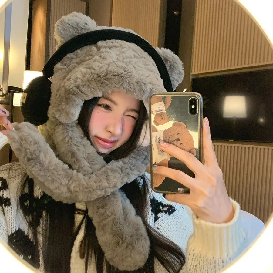 Cute 2 in 1 Winter Warm Cat Ear Beanie Hats Scarf Neck Warmer Fuzzy Fluffy Furry Fur Hat Women Girls Hat and Scarf Set