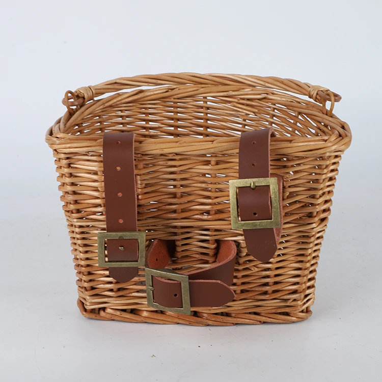 Handmade Vintage Rattan Bike Basket  Natural Wicker Bicycle Basket with PU Belt