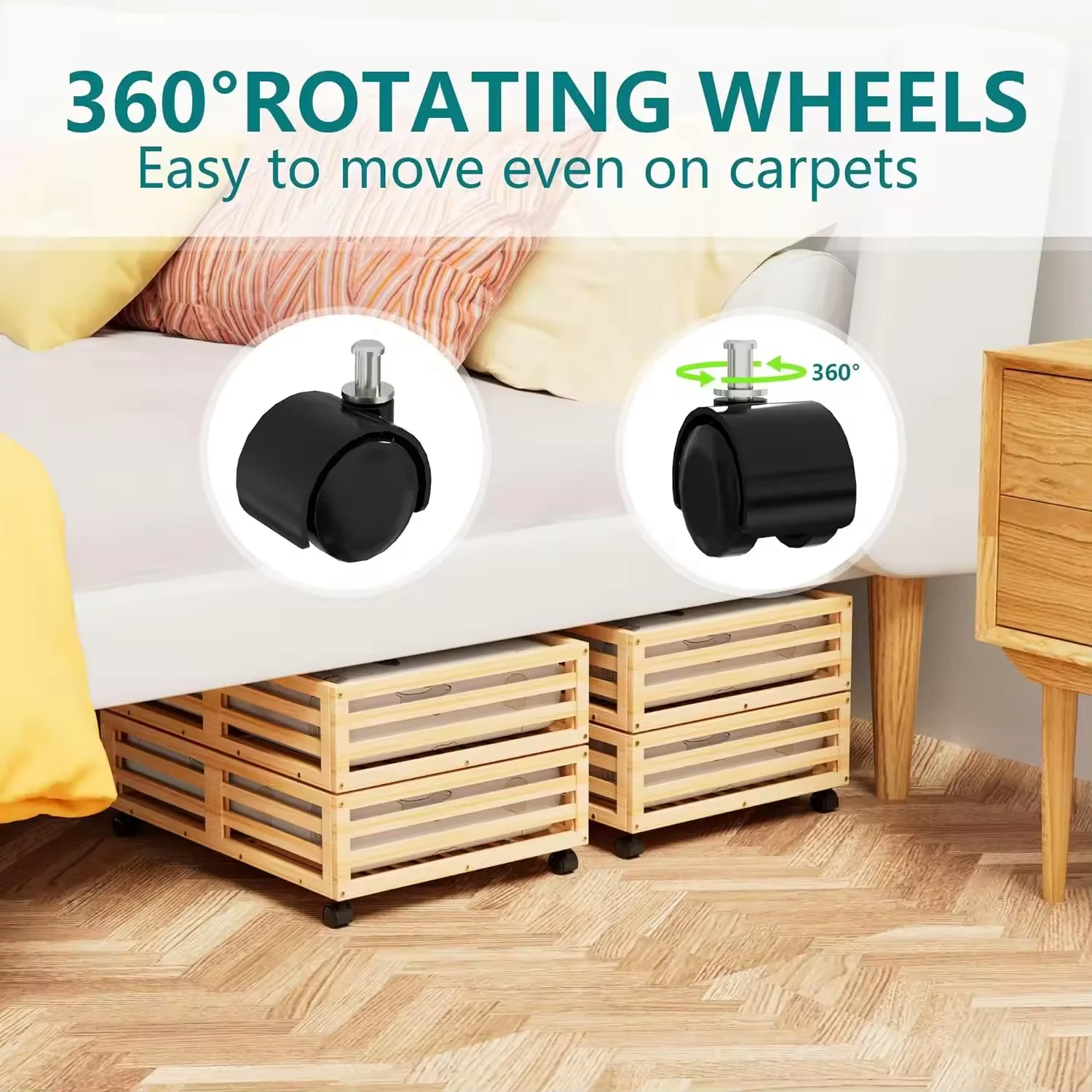 Large Capacity Household Closet Organizers and Storage Bins Bamboo Wooden Under Bed Containers Organizer Box With Wheels