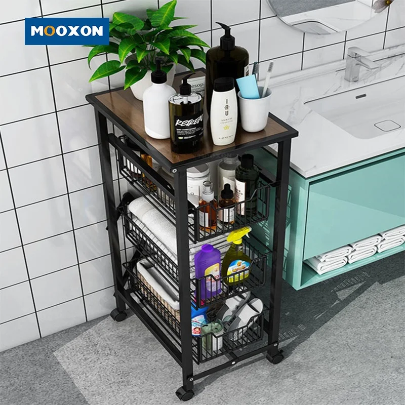4 Layer 2023 Nordic Stand Corner Shower Kitchen Sliding Organizer Folding Cart Storage Fruit Caddy Rack Bathroom Basket Shelves