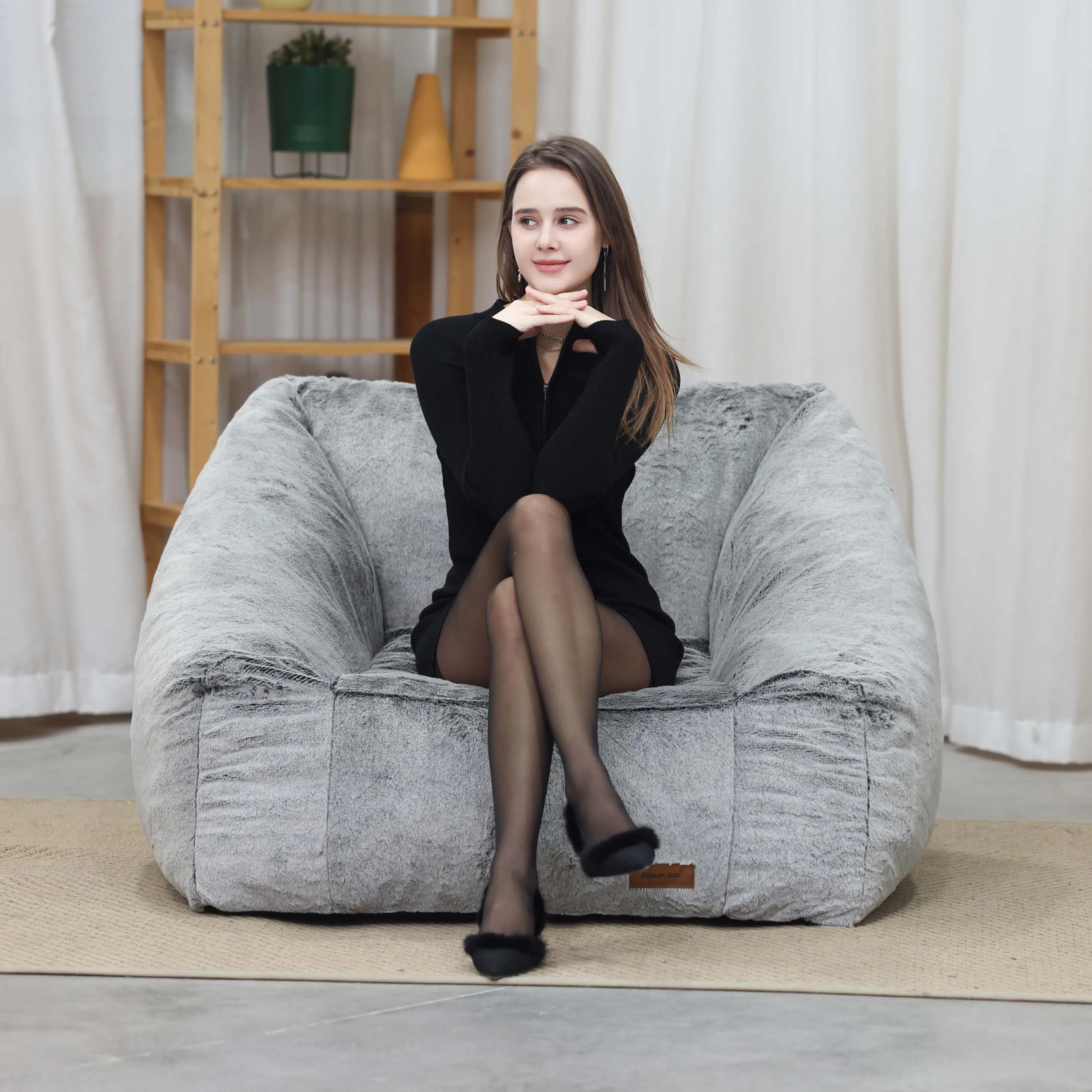 Factory Direct Ship Light Grey Faux Rabbit Fur Fabric Compressed Shredded Foam Sofa Bean Bag Chair  Living Room  BeanBag Sofa