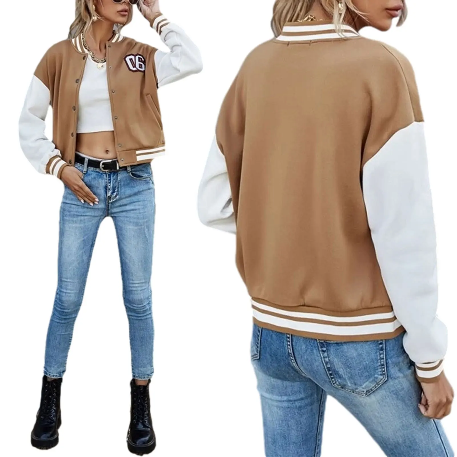 Wholesale Drop Shoulder High School Colorblock Long Sleeve Varsity Jackets Custom For Women