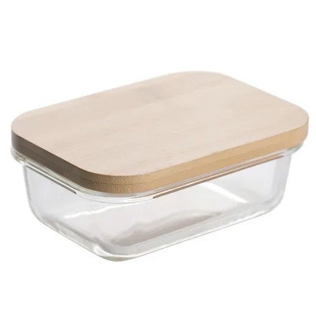 Japanese Household Bamboo Wooden Lid Glass Crisper Containers Crisper Ware Sealed Bento Box Lunch Box Microwave Refrigerator