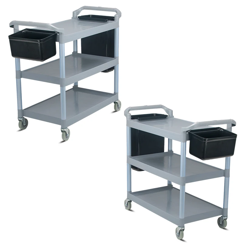 Commercial hotel restaurant large three-layer plastic trolley with hanging bucket food delivery service cart