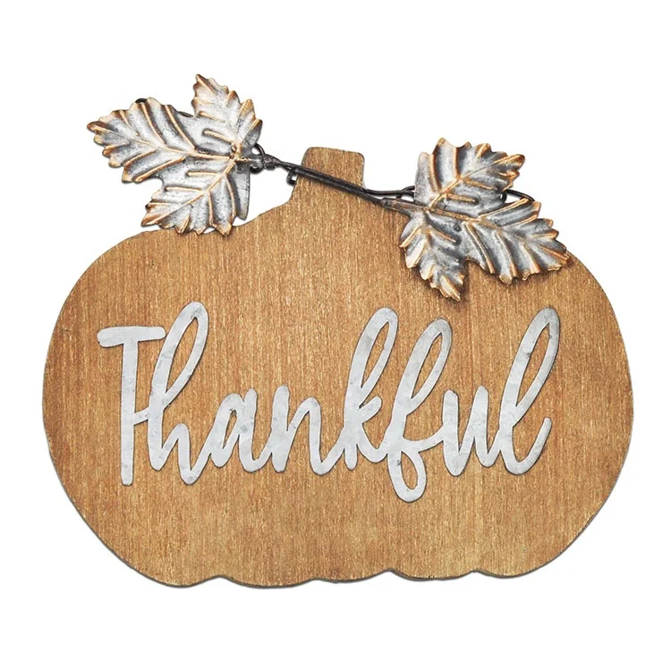 IVYDECO Thanksgiving Party Gift Antique Metal Words Leaves Wooden Pumpkin Wood sign Wall Decor halloween decorations