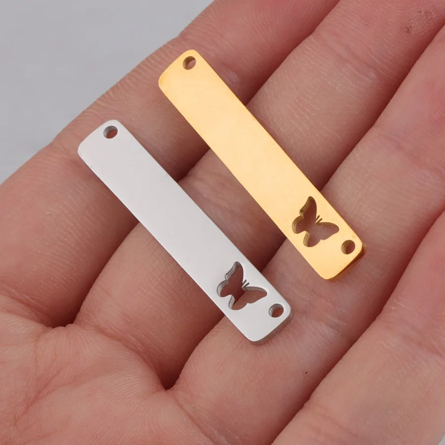 Stainless Steel Engravable Rectangle Bar Pendant 6*35mm Hollow Butterfly Charms Two Hole Connector DIY Bracelet Necklace Jewel