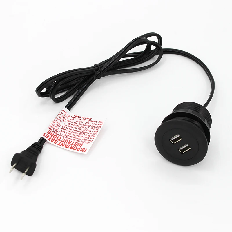 USA/Canada BaiYou 2 ports AC/DC cord/wire/cable plug Round with power adapter USB charging/charger For furniture
