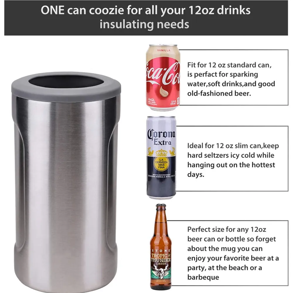 Universal Vacuum Insulated Stainless Steel 4 in 1 Can Cooler  Fits all 12oz Regular Or Slim Cans Bottles Keep Cold Up To 6 Hours