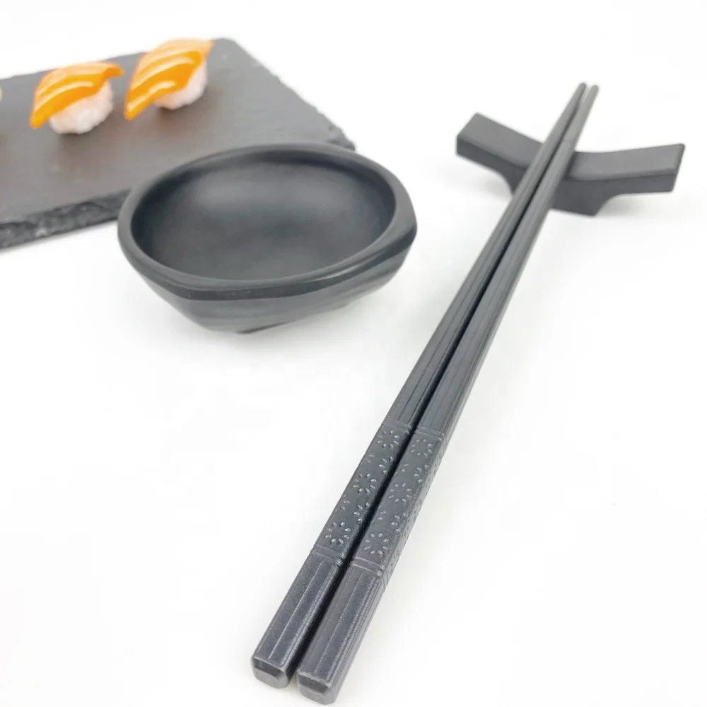 Japanese  Nature stone Black Slate  Plate melamine sauce  with fiberglass Chopsticks Dinnerware Set  for 2 person Gift set