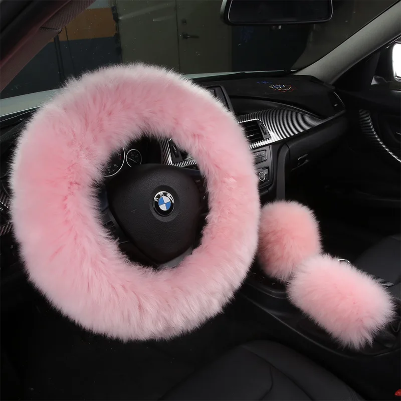 
3psc/set Long Plush Winter Warm Real Sheepskin Fur Steering Wheel Cover Woolen Handbrake Car Accessory 