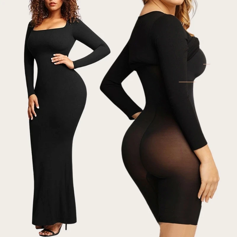 6385 Double Layer Body Shaping Bodycon for Women with Pad Built in Body Shaping Underwear 8 in 1 Long Sleeved Boho Maxi Dresses