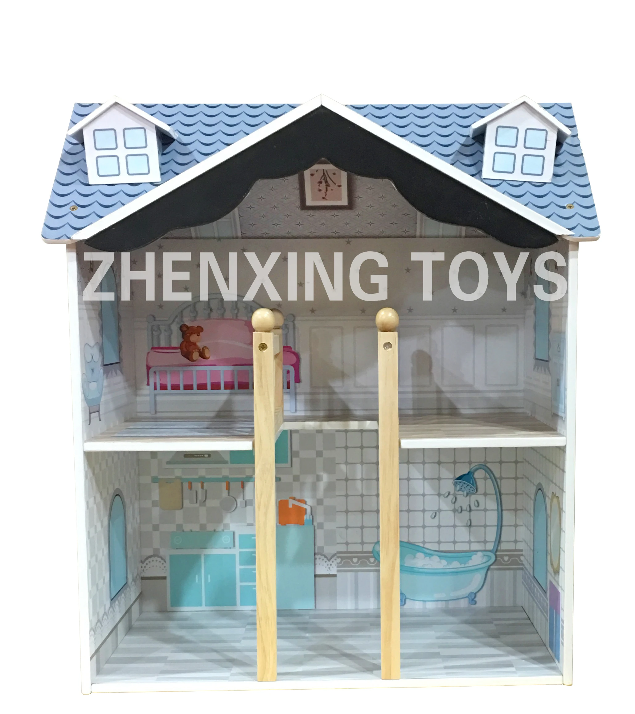 Gray Roof Mini Wooden Doll House, Wooden Doll House Toy