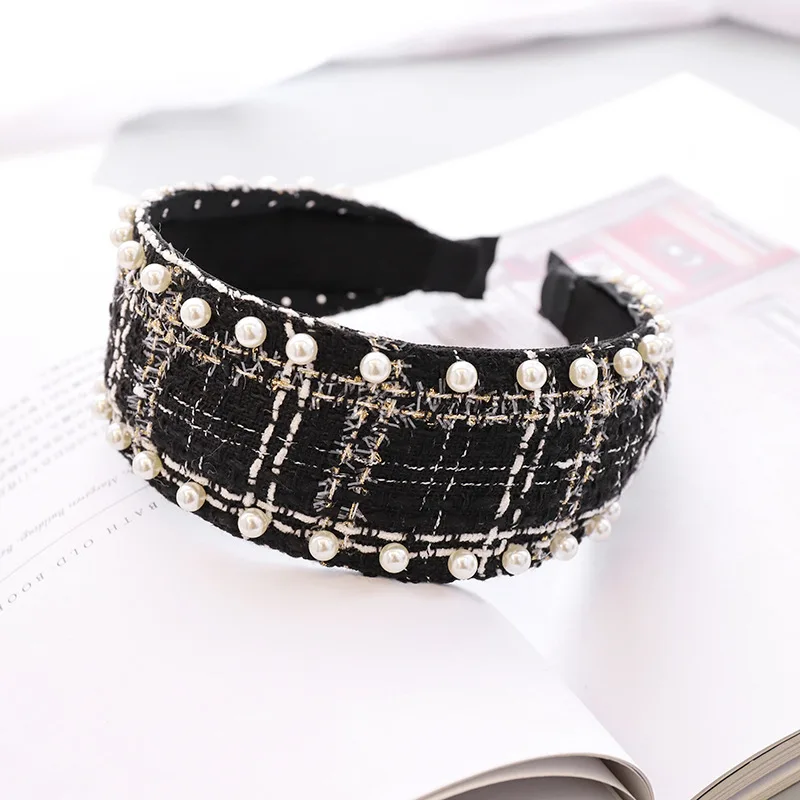 
European And American Nail Pearl New Hairband Classic National Plaid Fabric Headdress Hairpin Korean Female Headband 