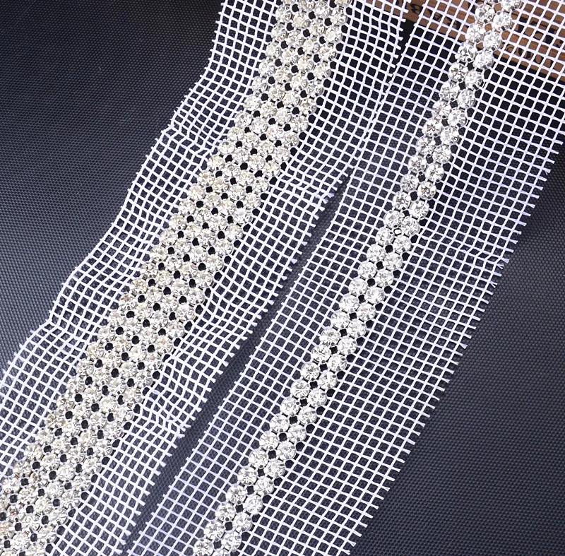 Crystal Diamond Mesh White Fabric Silver Metal Base Rhinestone Sewing Lace Trim for Bags Shoes Clothing Decoration