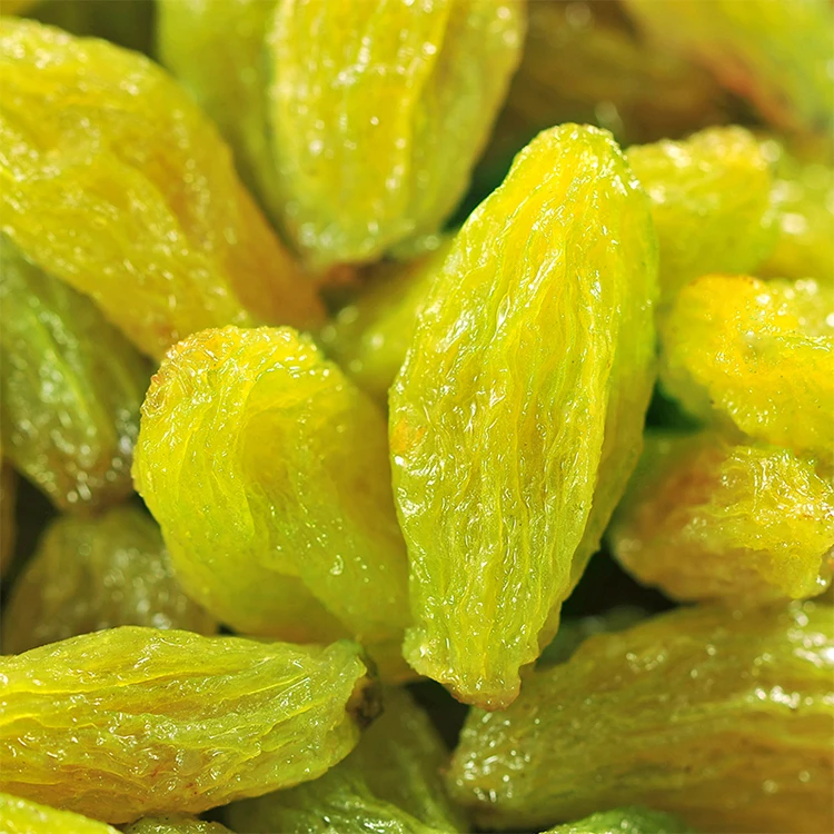 Premium seedless dried grapes Sweet green raisins Natural food product for all ages