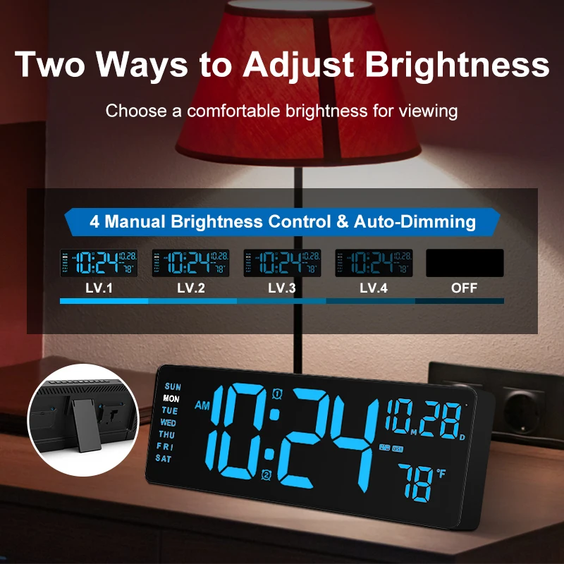 Large Wall Electrical Clock Calendar Day Digital Green Lede Wall Clock Temperature with Remote Control Alarm Clock