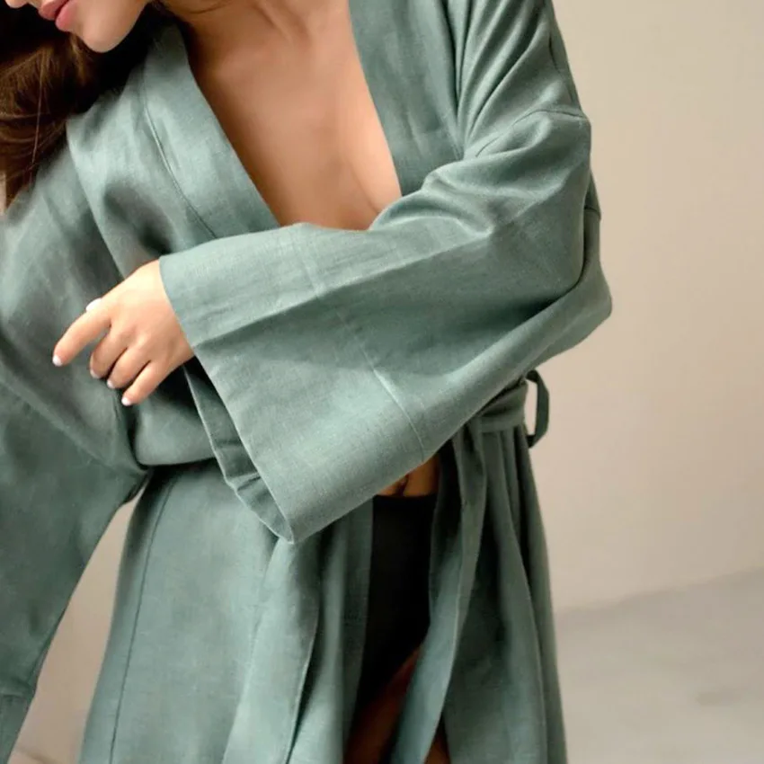 High Quality Comfortable Cotton Bathrobes Lounge Wear Flax Long Sleeve Soft Bamboo Green Kimono Robes