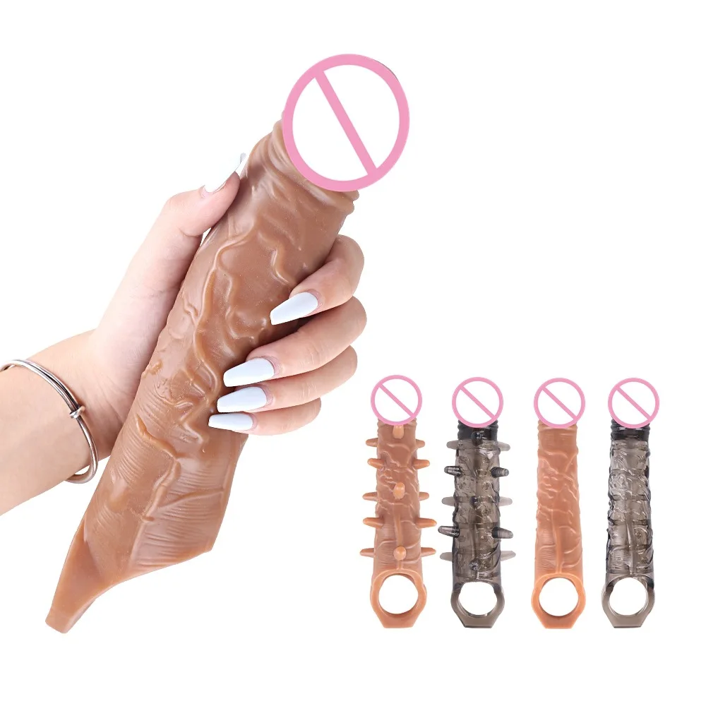 Reusable Penis Sleeve Delay Ejaculation Penis Extender Sleeve with Cock Ring Spikes Dildo Condoms