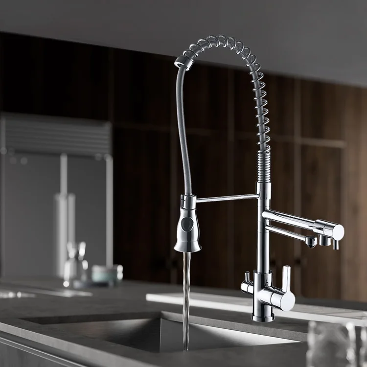 Guangdong brass washing taps good quality 3 way spring kitchen water tap pull down kitchen faucets
