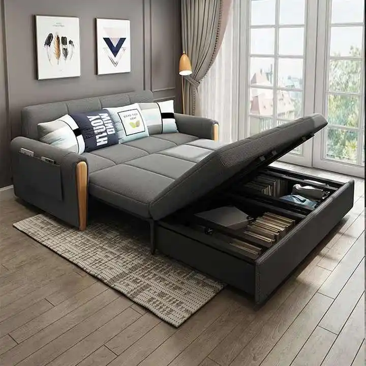 MORE DESIGN Luxury Comfortable Home Furniture Hotel 3 seat Wood Frames Fabric Leather Folding Sofa Bed with Storage Living Room