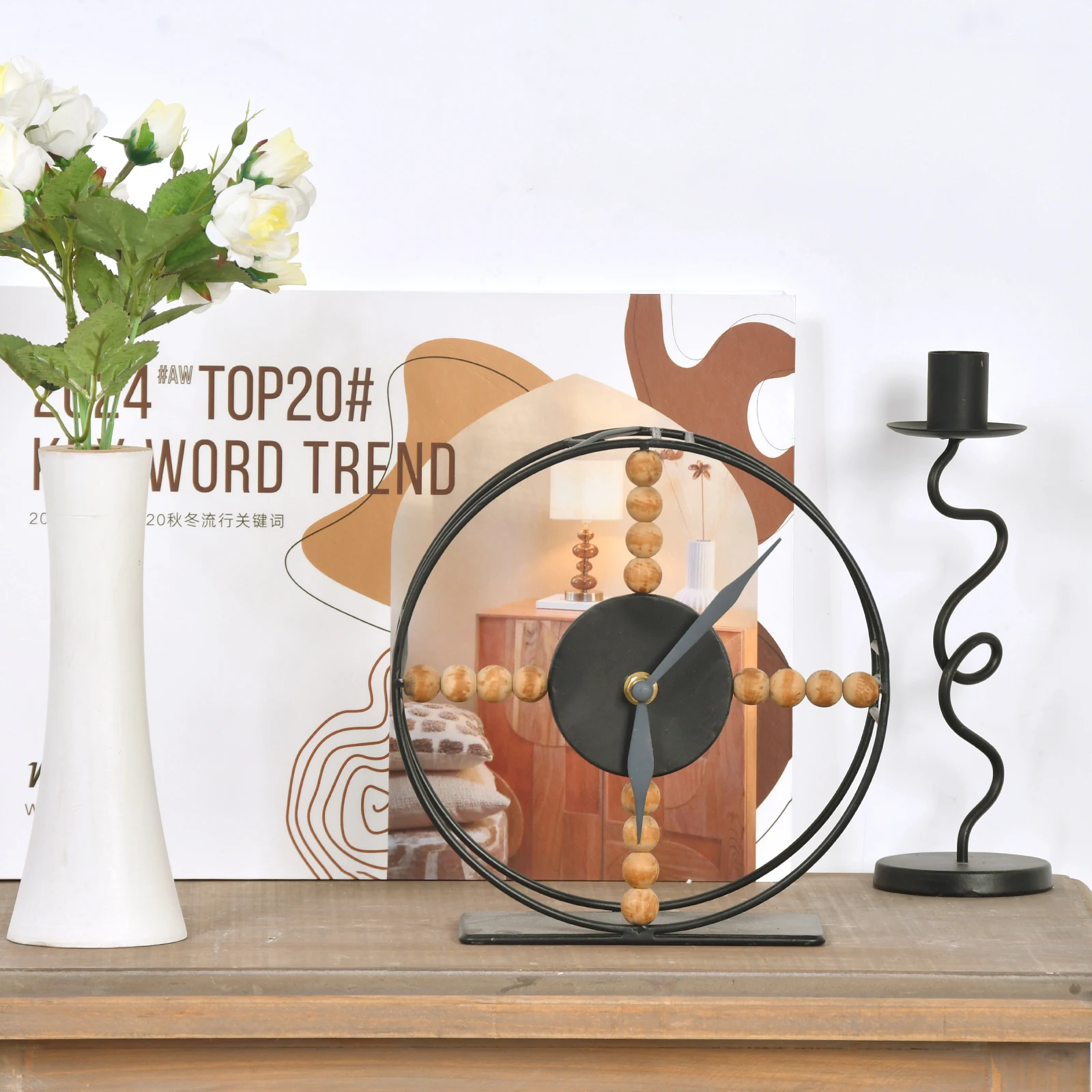 Unique Wooden Desktop Retro Clock Decorative Metal Frame Antique Table Clock For Home Decor
