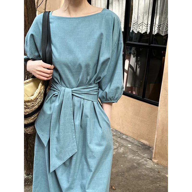 2024 High Quality Customized Spring Casual Woman Dress Vintage Linen Relaxed Solid Color Muslim Dress