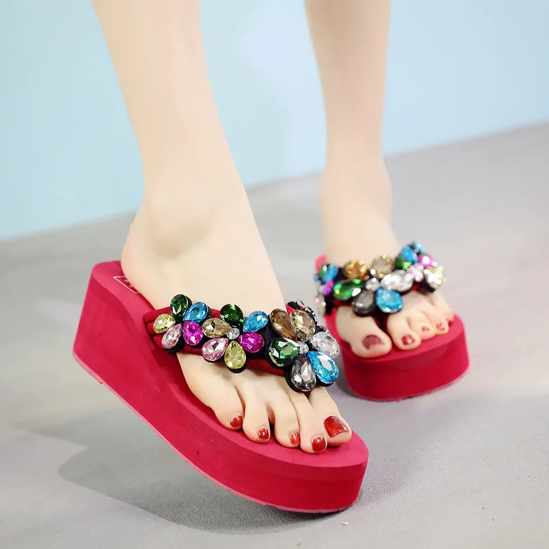 Popular no slip plum blossom rhinestone wedge heel flip flops wholesale diamond ladies flip flops