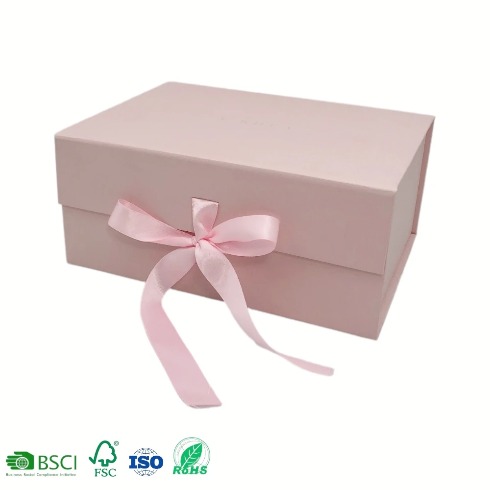 Custom Pink Rigid Paper Cardboard Packaging Magnetic Folding Paper Mothers Day Wedding Magnetic Ribbon Closure Luxury Gift Box