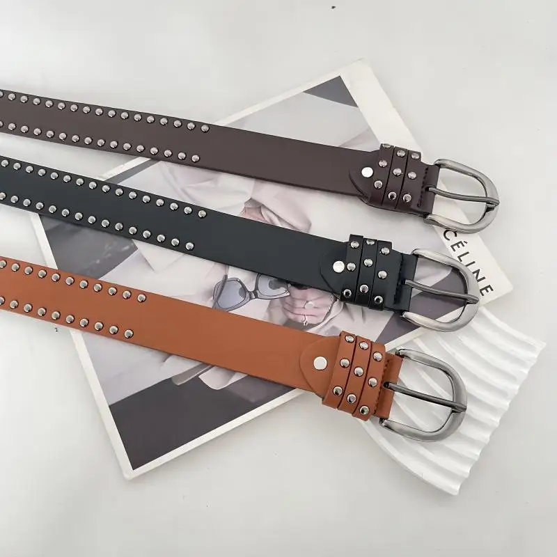 Western Rivet PU Leather Belt for Women Black Brown and Coffee for Jeans and Skirts