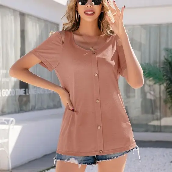 Women Front Button Crew Neck Off Shoulder Short Sleeve T-shirt With Logo Custom Logo Printed