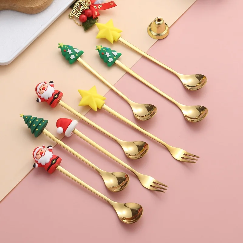Hot Seller  Stainless Steel Spoon Christmas Tree Coffee Stirring Spoon Dessert Fruit Fork Doll Spoon Fork Tableware Gift Set