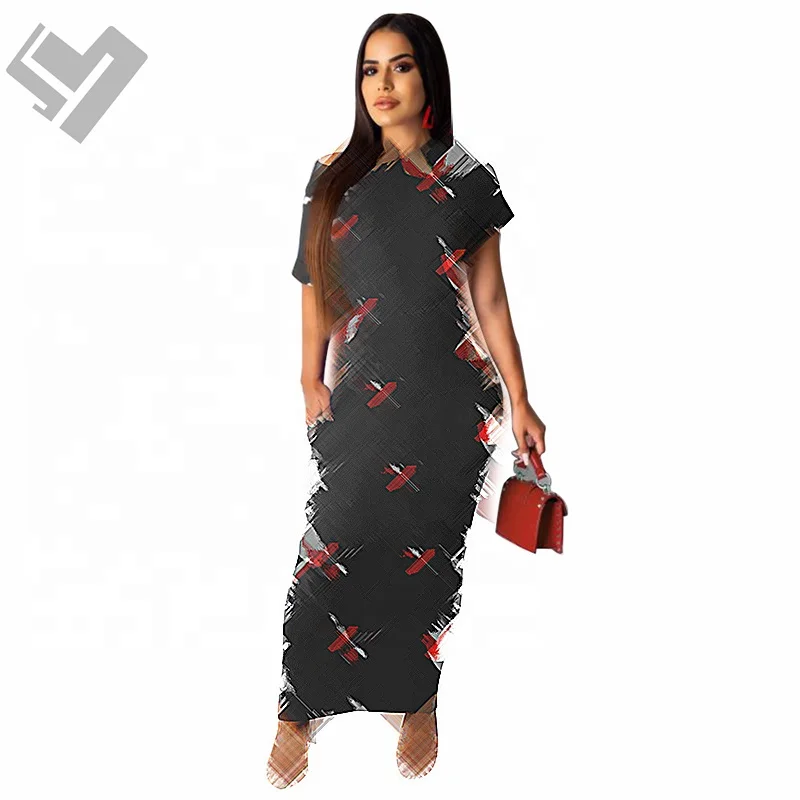 2023 Summer Trendy Women Clothing Designer Print Short Sleeve Casual Dress Luxury Slim Fits Bodycon Maxi Dress