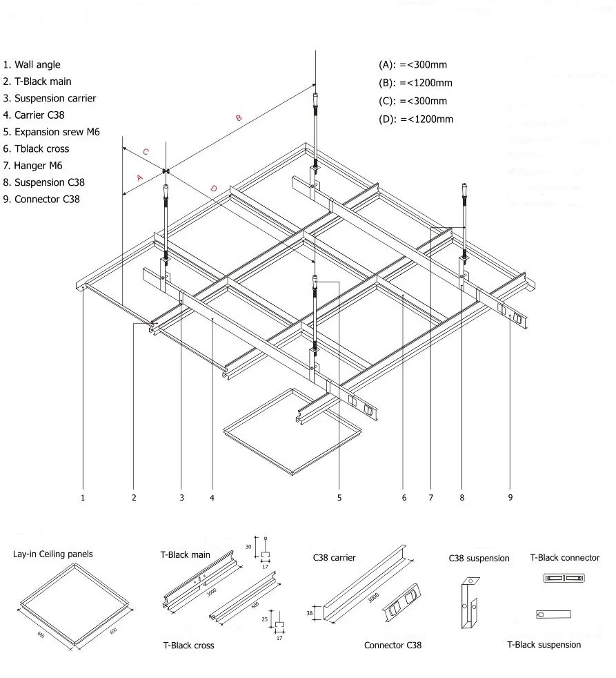 Metal T Shaped Keels Aluminum T bar Iron T grid match up for Suspended Ceiling