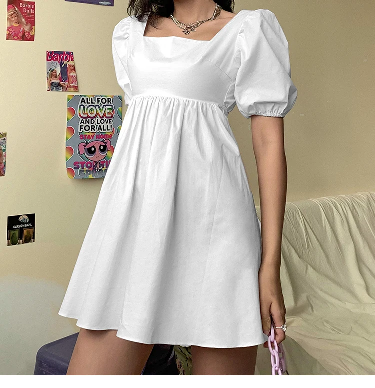 Women Summer Dress Summer Fashion White Elegant Puff Sleeve Backless Party Beach Dress Vacation Casual Mini Dress